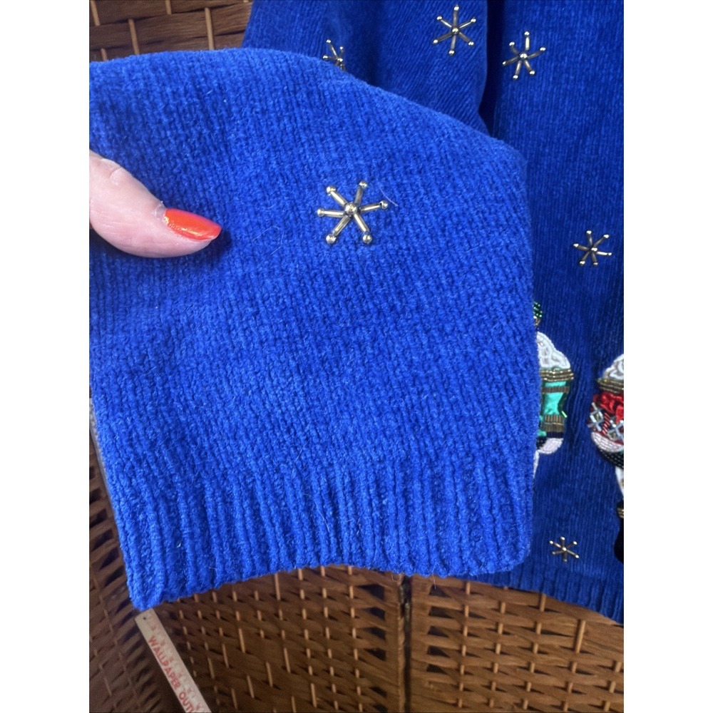VTG Christopher Radko Christmas Zip Up Cardigan XL Beaded Nutcracker Blue - Picture 8 of 14